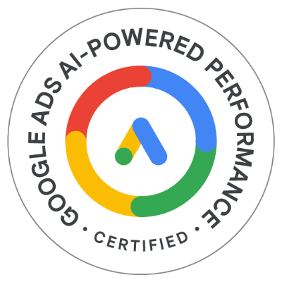 Zertifikatsbadge: AI-Powered Performance Ads Certification, ausgestellt von Skillshop, Google-Zertifizierungsplattform, 2026.