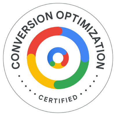 Zertifikatsbadge: Conversion Optimization Certification, ausgestellt von Skillshop, Google-Zertifizierungsplattform, 2026.
